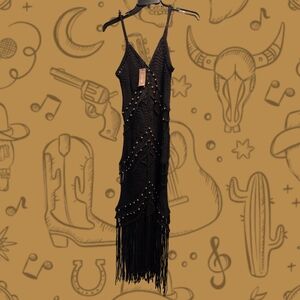 NWT Nasty Gal Macrame Beaded Tassel Maxi Dress - Black - Size S READ DESCRIPTION